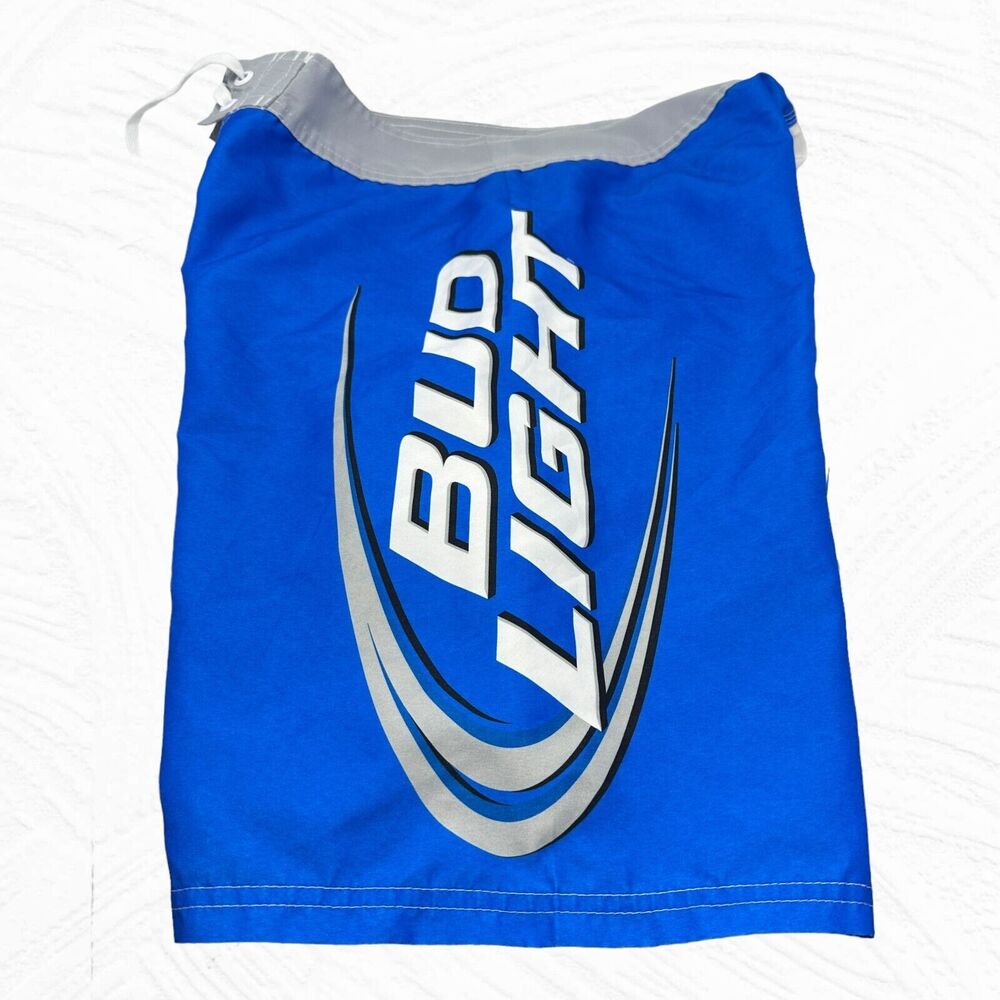 Bud‎ Light Swim Trunks Men's Size 34 Blue Draw String lined lightweight Pocket
